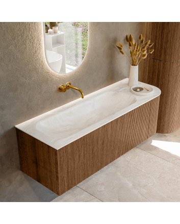 Mondiaz Kurve-Dlux 135cm badmeubel ronding Rechts kleur Walnut met 1 lade en 1 deur. Wastafel Big medium Links zonder kraangat Ostra.