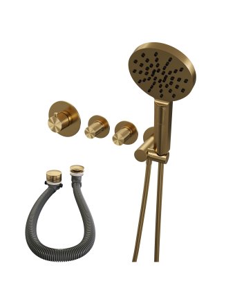 BRAUER Gold Carving thermostatische inbouw badkraan SET 02 met badvulcombinatie en 3-standen handdouche en doucheslang en wandaansluitbocht goud geborsteld PVD