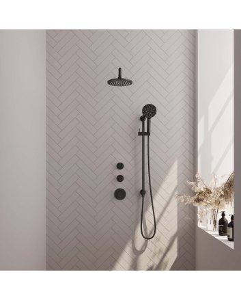BRAUER Black Carving thermostatische inbouw regendouche SET 21 met 20 cm douchekop en gebogen muurarm en 3-standen handdouche en doucheslang en geïntegreerde glijstang mat zwart