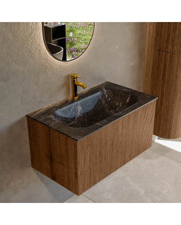 Mondiaz Kurve-Dlux 80cm badmeubel kleur Walnut met 1 lade en 0 deuren. Wastafel Big small Midden 1 kraangat Lava.