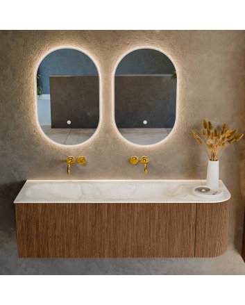 Mondiaz Kurve-Dlux 145cm badmeubel ronding Rechts kleur Walnut met 1 lade en 1 deur. Wastafel Big large Links zonder kraangat Ostra.