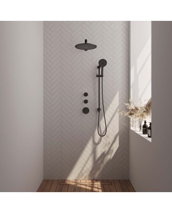 BRAUER Black Carving thermostatische inbouw regendouche SET 20 met 30 cm douchekop en rechte muurarm en 3-standen handdouche en doucheslang en geïntegreerde glijstang mat zwart