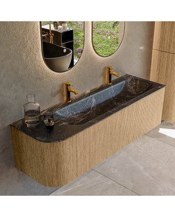 Mondiaz Kurve-Dlux 145cm badmeubel ronding Links kleur Oak met 1 lade en 1 deur. Wastafel Big large Rechts 2 kraangaten Lava.