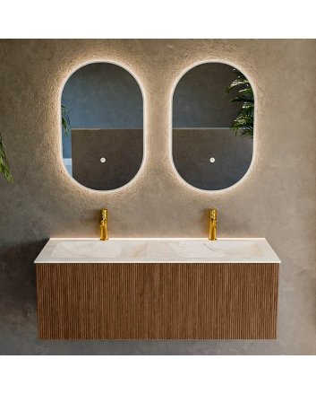 Mondiaz Kurve-Dlux 120cm badmeubel kleur Walnut met 1 lade en 0 deuren. Wastafel Leaf Dubbel 2 kraangaten Ostra.