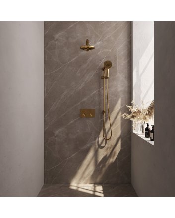 BRAUER Gold Carving thermostatische inbouw regendouche met drukknoppen SET 67 met 20 cm douchekop en rechte muurarm en 3-standen handdouche en doucheslang en geïntegreerde glijstang goud geborsteld PVD