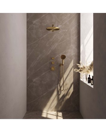 BRAUER Gold Carving thermostatische inbouw regendouche SET 08 met 30 cm douchekop en rechte muurarm en 3-standen handdouche en doucheslang en wandaansluitbocht goud geborsteld PVD
