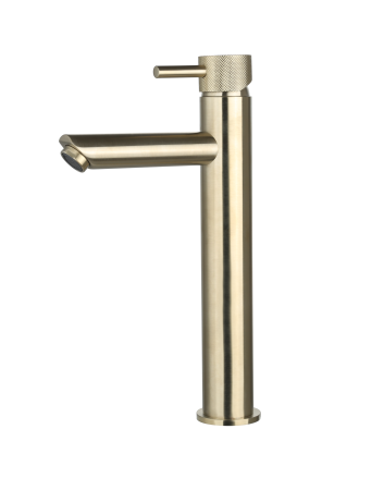 Sani DeLuxe Wastafelmengkraan opbouw hoog rond Goud Geborsteld met geribbeld knop