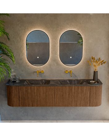 Mondiaz Kurve-Dlux 180cm badmeubel ronding Links + Rechts kleur Walnut met 2 lades en 2 deuren. Wastafel Leaf Dubbel zonder kraangat Lava.
