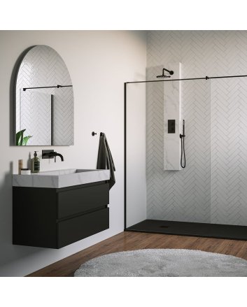 BRAUER Black Edition thermostatisch douchepaneel 2-weg omstelling calacatta gold SET 01 met 20 cm douchekop en gebogen muurarm en staaf handdouche en wandaansluitbocht en doucheslang mat zwart