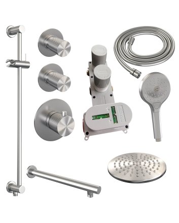 BRAUER Brushed Carving thermostatische inbouw regendouche SET 19 met 20 cm douchekop en rechte muurarm en 3-standen handdouche en doucheslang en geïntegreerde glijstang RVS geborsteld PVD