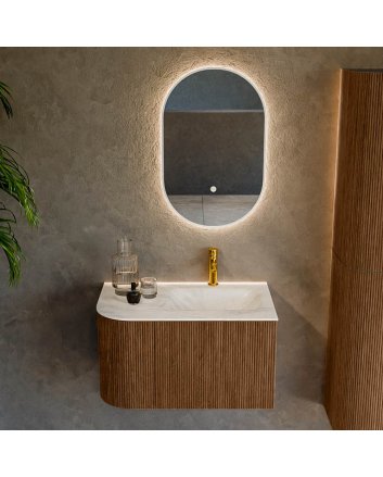 Mondiaz Kurve-Dlux 75cm badmeubel ronding Links kleur Walnut met 1 lade en 1 deur. Wastafel Grunne Rechts 1 kraangat Ostra.