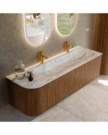 Mondiaz Kurve-Dlux 145cm badmeubel ronding Links kleur Walnut met 1 lade en 1 deur. Wastafel Big large Rechts 2 kraangaten Glace.