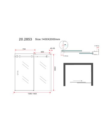 Slide nis schuifdeur 1400 x 2000 x 8 mm nano helder glas/mat zwart