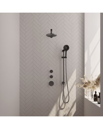 BRAUER Gunmetal Carving thermostatische inbouw regendouche SET 19 met 20 cm douchekop en rechte muurarm en 3-standen handdouche en doucheslang en geïntegreerde glijstang gunmetal geborsteld PVD