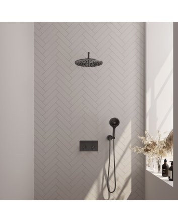BRAUER Gunmetal Edition thermostatische inbouw regendouche met drukknoppen SET 58 met 30 cm douchekop en gebogen muurarm en 3-standen handdouche en doucheslang en wandaansluitbocht gunmetal geborsteld PVD