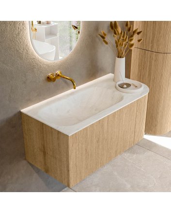 Mondiaz Kurve-Dlux 95cm badmeubel ronding Rechts kleur Oak met 1 lade en 1 deur. Wastafel Big small Links zonder kraangat Opalo.