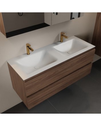 Mondiaz Aivy 120cm badmeubel Mocha, wastafel Talc solid surface dubbel 2 kraangaten met spiegelkast
