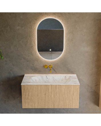 Mondiaz Kurve-Dlux 90cm badmeubel kleur Oak met 1 lade en 0 deuren. Wastafel Big small Midden zonder kraangat Glace.
