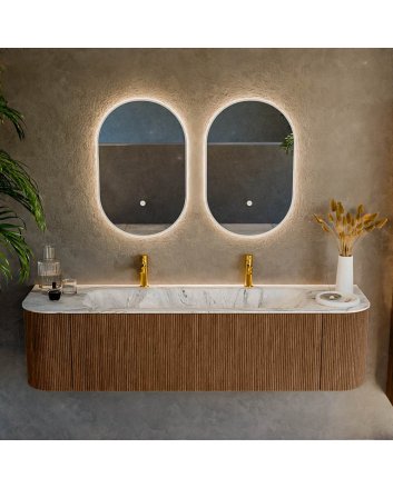 Mondiaz Kurve-Dlux 170cm badmeubel ronding Links + Rechts kleur Walnut met 1 lade en 2 deuren. Wastafel Big large Midden 2 kraangaten Glace.