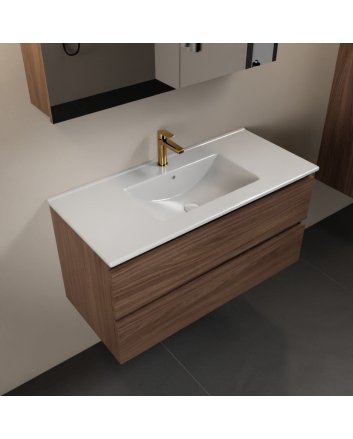 Mondiaz Aivy 100cm badmeubel Mocha, wastafel glanzend wit keramiek midden 1 kraangat met spiegelkast