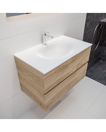 Mondiaz Vica 80 badmeubel washed oak 2 lades wastafel Moon midden 1 kraangat