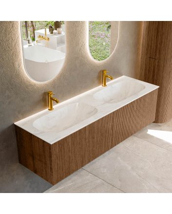 Mondiaz Kurve-Dlux 150cm badmeubel kleur Walnut met 2 lades en 0 deuren. Wastafel Stor small Dubbel 2 kraangaten Ostra.