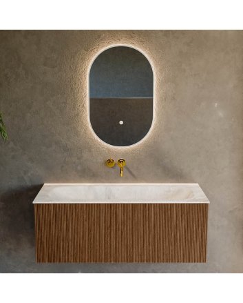 Mondiaz Kurve-Dlux 110cm badmeubel kleur Walnut met 1 lade en 0 deuren. Wastafel Big medium Midden zonder kraangat Frappe.