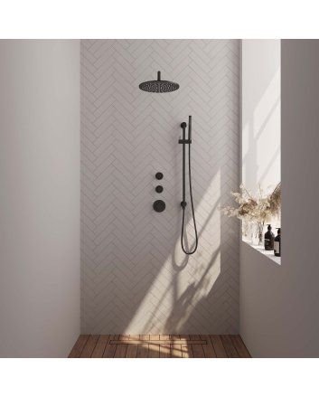 BRAUER Black Edition thermostatische inbouw regendouche SET 16 met 30 cm douchekop en gebogen muurarm en staaf handdouche en doucheslang en geïntegreerde glijstang mat zwart