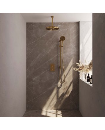 BRAUER Gold Carving thermostatische inbouw regendouche 3-weg omstelling SET 48 met 30 cm douchekop en plafondarm en 3-standen handdouche en doucheslang en geïntegreerde glijstang goud geborsteld PVD