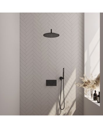BRAUER Black Edition thermostatische inbouw regendouche met drukknoppen SET 52 met 30 cm douchekop en gebogen muurarm en staaf handdouche en doucheslang en wandaansluitbocht mat zwart