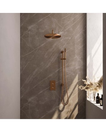 BRAUER Copper Edition thermostatische inbouw regendouche 3-weg omstelling SET 40 met 30 cm douchekop en gebogen muurarm en staaf handdouche en doucheslang en geïntegreerde glijstang koper geborsteld PVD
