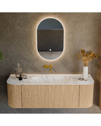 Mondiaz Kurve-Dlux 140cm badmeubel ronding Links + Rechts kleur Oak met 1 lade en 2 deuren. Wastafel Big small Midden zonder kraangat Glace.