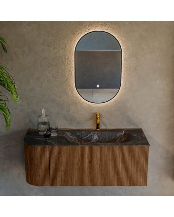Mondiaz Kurve-Dlux 115cm badmeubel ronding Links kleur Walnut met 1 lade en 1 deur. Wastafel Big small Rechts 1 kraangat Lava.