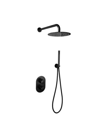 Sani DeLuxe Doucheset inbouw met box thermostaat, muurbevestiging / douchekop 25 cm rond Mat Zwart met geribbeld knop