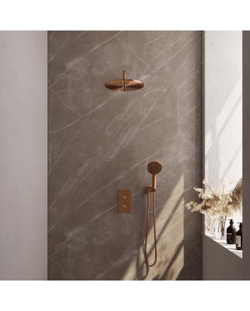 BRAUER Copper Edition thermostatische inbouw regendouche 3-weg omstelling SET 34 met 30 cm douchekop en gebogen muurarm en 3-standen handdouche en doucheslang en wandaansluitbocht koper geborsteld PVD