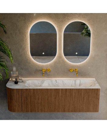 Mondiaz Kurve-Dlux 145cm badmeubel ronding Links kleur Walnut met 1 lade en 1 deur. Wastafel Big large Rechts zonder kraangat Glace.