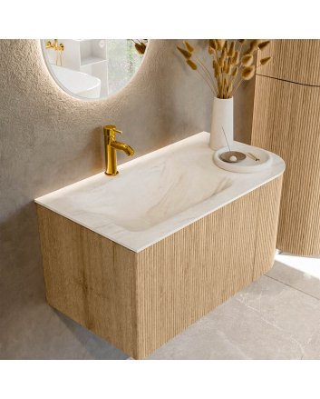 Mondiaz Kurve-Dlux 85cm badmeubel ronding Rechts kleur Oak met 1 lade en 1 deur. Wastafel Cloud Links 1 kraangat Ostra.