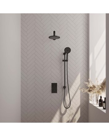 BRAUER Black Carving thermostatische inbouw regendouche 3-weg omstelling SET 43 met 20 cm douchekop en rechte muurarm en 3-standen handdouche en doucheslang en geïntegreerde glijstang mat zwart