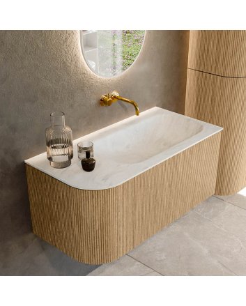 Mondiaz Kurve-Dlux 95cm badmeubel ronding Links kleur Oak met 1 lade en 1 deur. Wastafel Big small Rechts zonder kraangat Opalo.