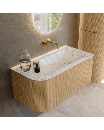 Mondiaz Kurve-Dlux 95cm badmeubel ronding Links kleur Oak met 1 lade en 1 deur. Wastafel Big small Rechts zonder kraangat Glace.
