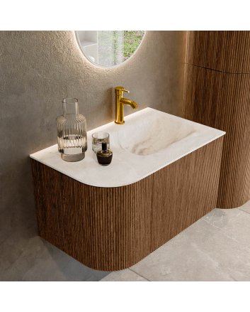 Mondiaz Kurve-Dlux 75cm badmeubel ronding Links kleur Walnut met 1 lade en 1 deur. Wastafel Grunne Rechts 1 kraangat Frappe.