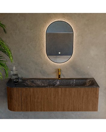 Mondiaz Kurve-Dlux 145cm badmeubel ronding Links kleur Walnut met 1 lade en 1 deur. Wastafel Big large Rechts 1 kraangat Lava.