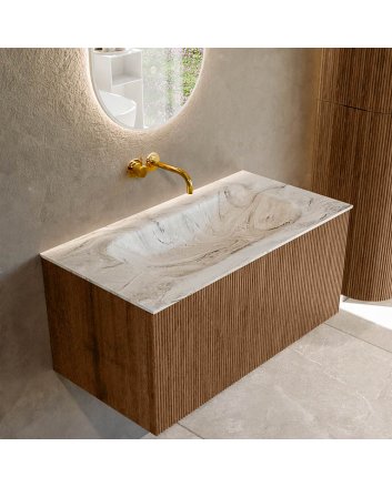 Mondiaz Kurve-Dlux 90cm badmeubel kleur Walnut met 1 lade en 0 deuren. Wastafel Big small Midden zonder kraangat Glace.