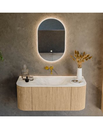 Mondiaz Kurve-Dlux 110cm badmeubel ronding Links + Rechts kleur Oak met 1 lade en 2 deuren. Wastafel Cloud Midden zonder kraangat Ostra.