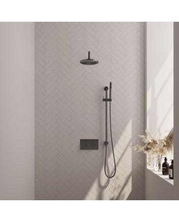 BRAUER Gunmetal Edition thermostatische inbouw regendouche met drukknoppen SET 63 met 20 cm douchekop en gebogen muurarm en staaf handdouche en doucheslang en geïntegreerde glijstang gunmetal geborsteld PVD