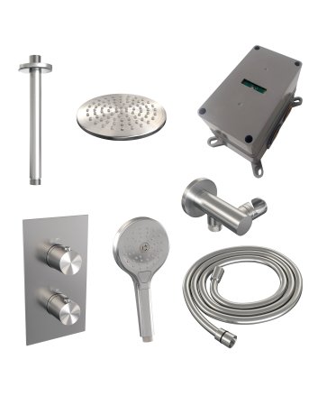 BRAUER Brushed Edition thermostatische inbouw regendouche 3-weg omstelling SET 35 met 20 cm douchekop en plafondarm en 3-standen handdouche en doucheslang en wandaansluitbocht RVS geborsteld PVD