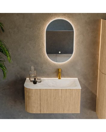 Mondiaz Kurve-Dlux 85cm badmeubel ronding Links kleur Oak met 1 lade en 1 deur. Wastafel Cloud Rechts 1 kraangat Ostra.