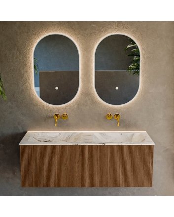 Mondiaz Kurve-Dlux 120cm badmeubel kleur Walnut met 1 lade en 0 deuren. Wastafel Leaf Dubbel zonder kraangat Glace.