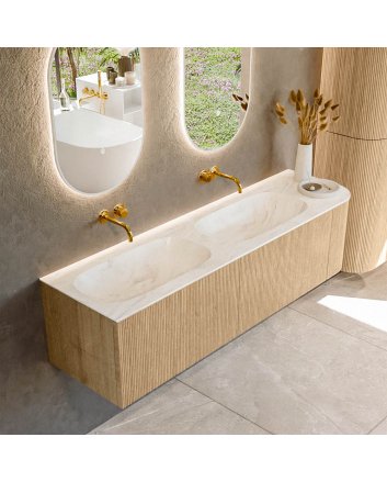 Mondiaz Kurve-Dlux 165cm badmeubel ronding Rechts kleur Oak met 2 lades en 1 deur. Wastafel Stor small Dubbel / Links zonder kraangat Ostra.