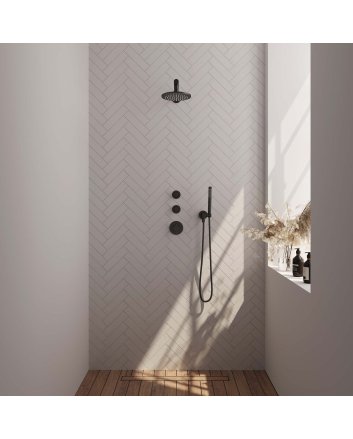 BRAUER Black Carving thermostatische inbouw regendouche SET 01 met 20 cm douchekop en rechte muurarm en staaf handdouche en doucheslang en wandaansluitbocht mat zwart
